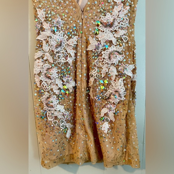 JOVANI Vintage Tan Floral Embellished Sequin Jeweled Midi Dress, Size 2 - Picture 7 of 16